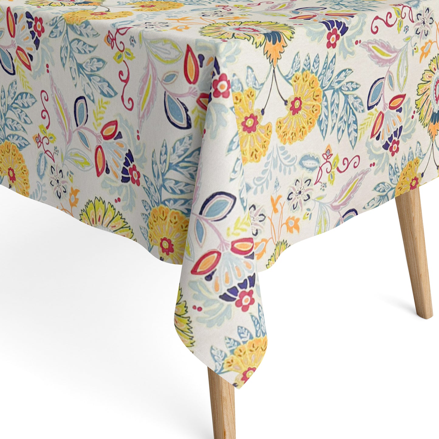 Nappe jacquard en coton enduit antitache GORIEL1 jaune bleu fleurs et fleurs carré rond ovale 
