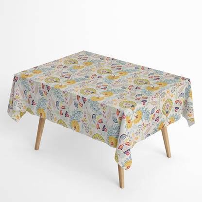 Nappe jacquard en coton enduit antitache GORIEL1 jaune bleu fleurs et fleurs carré rond ovale 