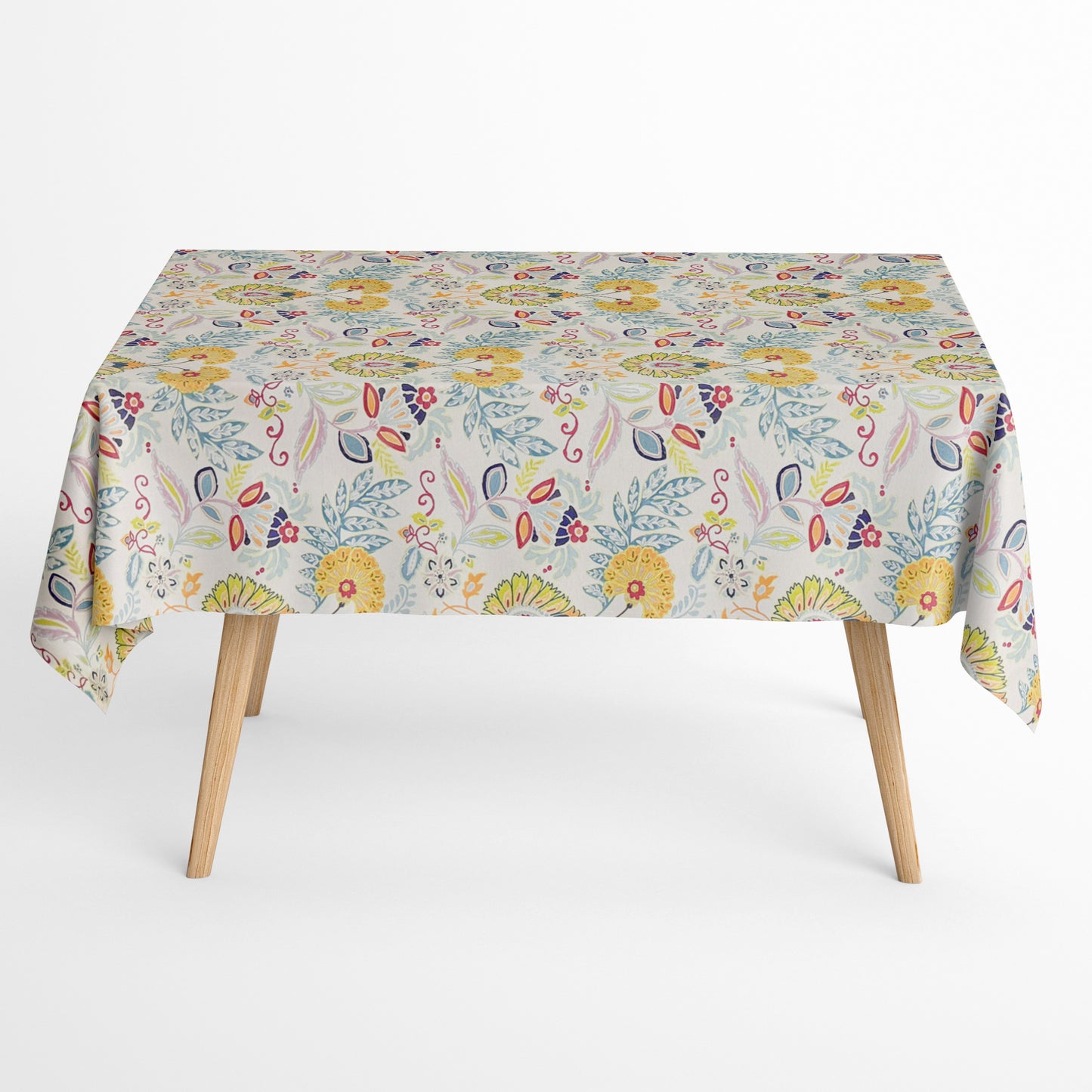 Nappe jacquard en coton enduit antitache GORIEL1 jaune bleu fleurs et fleurs carré rond ovale 