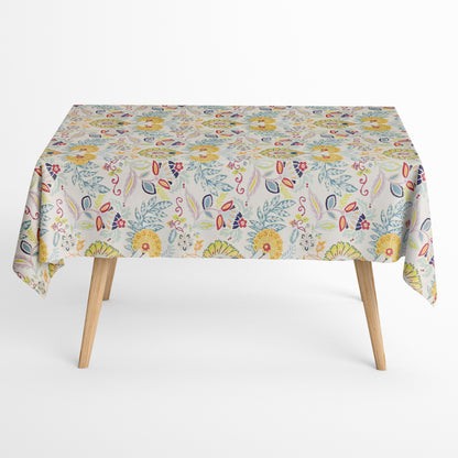 Nappe jacquard en coton enduit antitache GORIEL1 jaune bleu fleurs et fleurs carré rond ovale 