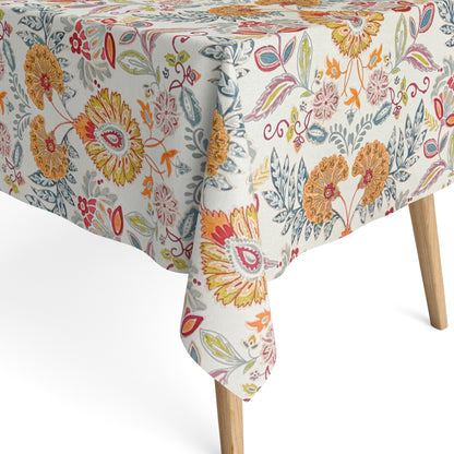 Nappe jacquard en coton enduit antitache GORIEL2 orange bleu fleurs et fleurs carré rond ovale 