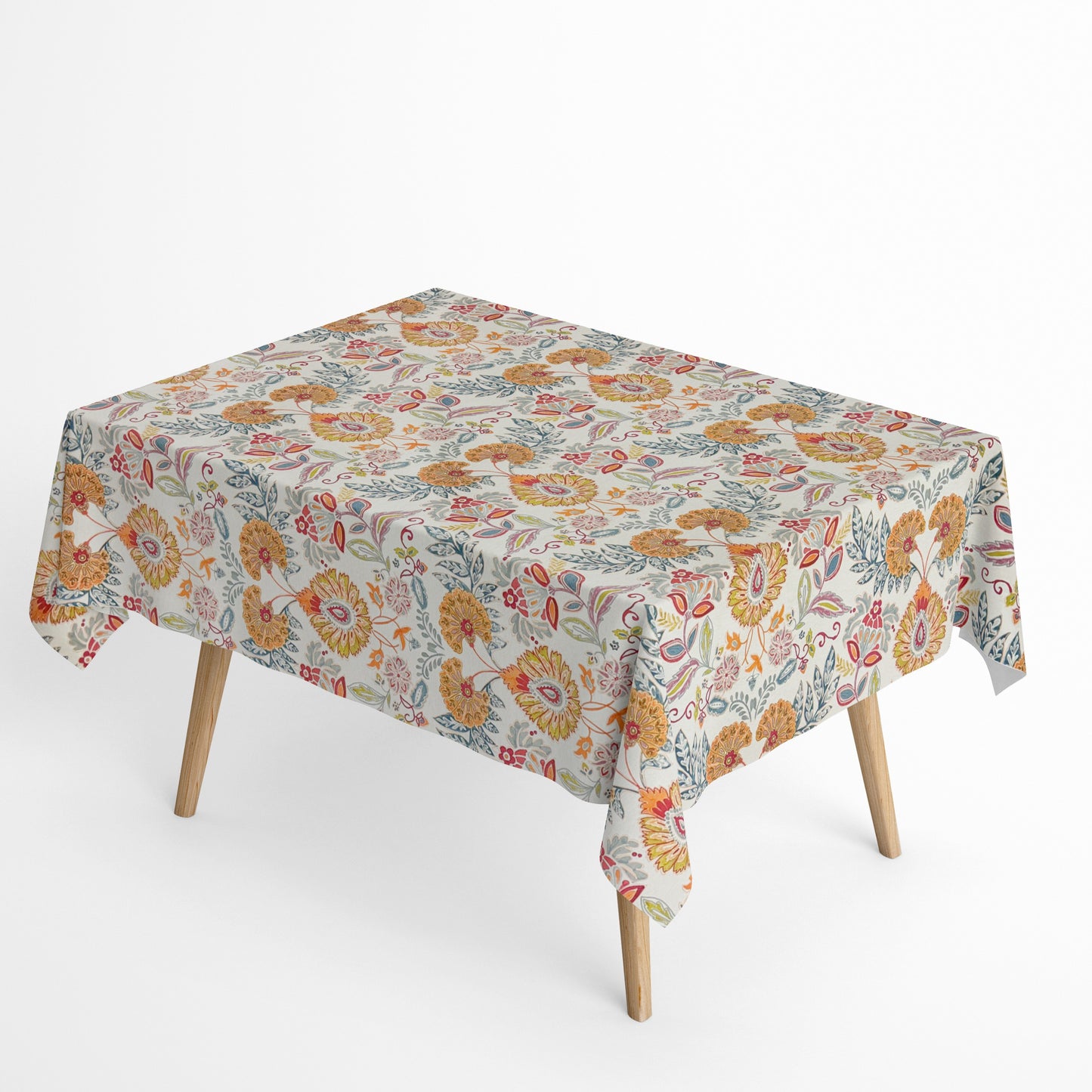 Nappe jacquard en coton enduit antitache GORIEL2 orange bleu fleurs et fleurs carré rond ovale 