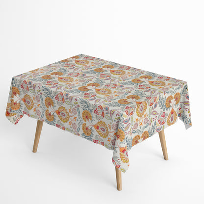 Nappe jacquard en coton enduit antitache GORIEL2 orange bleu fleurs et fleurs carré rond ovale 