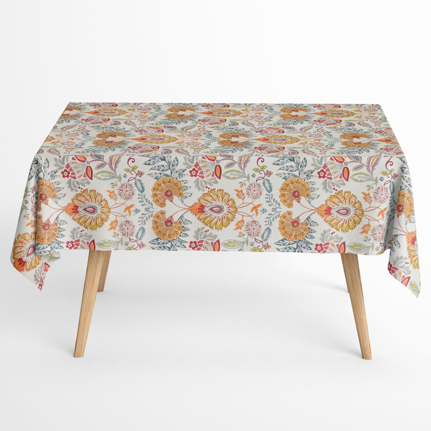 Nappe jacquard en coton enduit antitache GORIEL2 orange bleu fleurs et fleurs carré rond ovale 