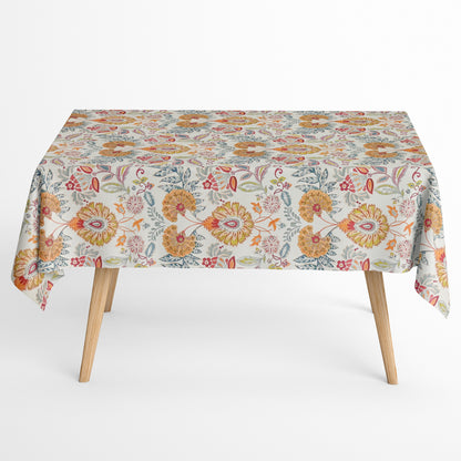 Nappe jacquard en coton enduit antitache GORIEL2 orange bleu fleurs et fleurs carré rond ovale 