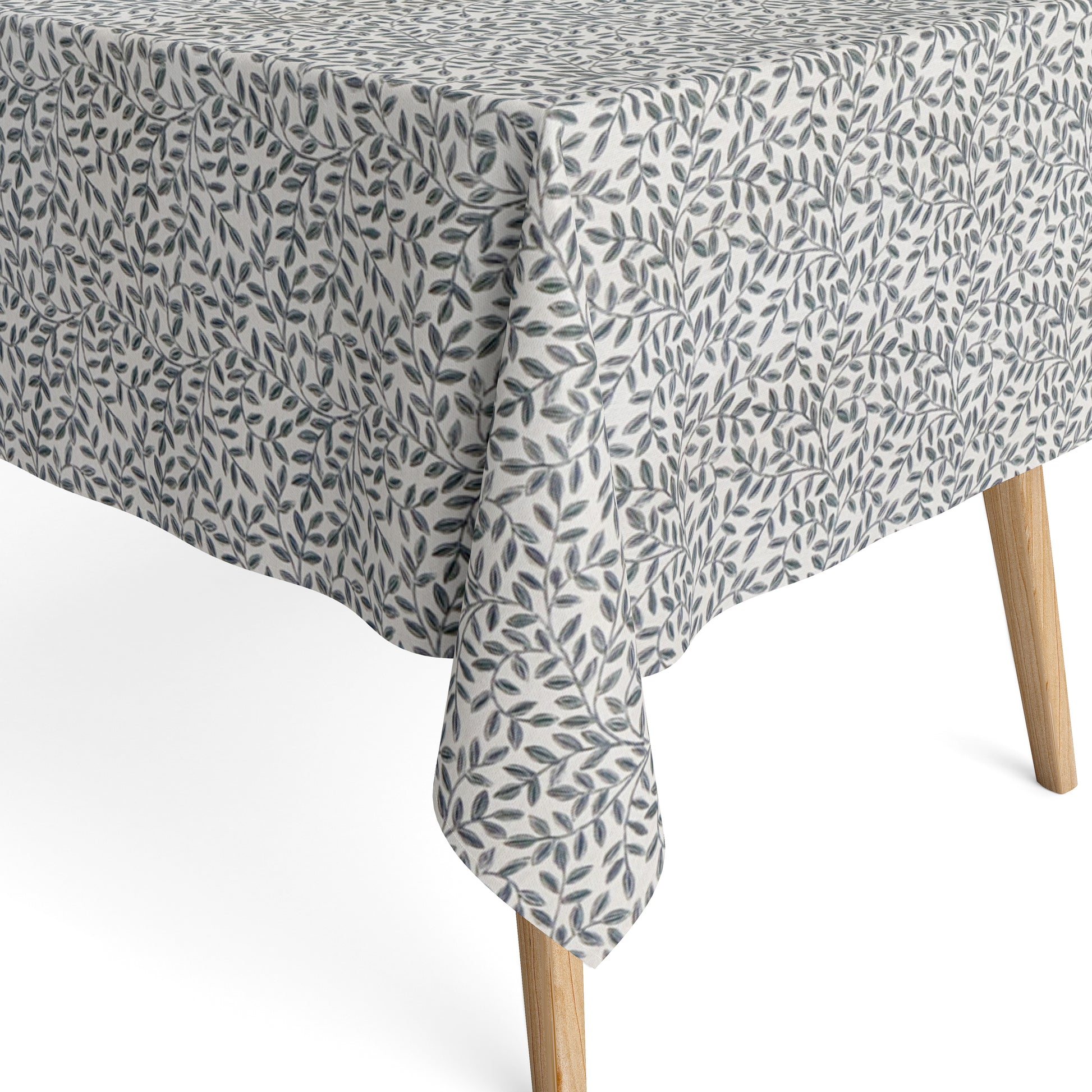 Jacquard Tischdecke aus beschichteter Baumwolle mit feinem Blättermuster aus kleinen Zweigen in Grau- und Naturtönen, fleckenabweisend und pflegeleicht.