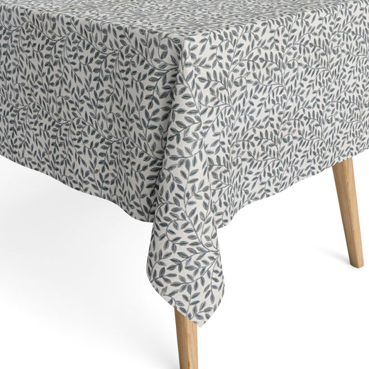 Jacquard Tischdecke aus beschichteter Baumwolle mit feinem Blättermuster aus kleinen Zweigen in Grau- und Naturtönen, fleckenabweisend und pflegeleicht.