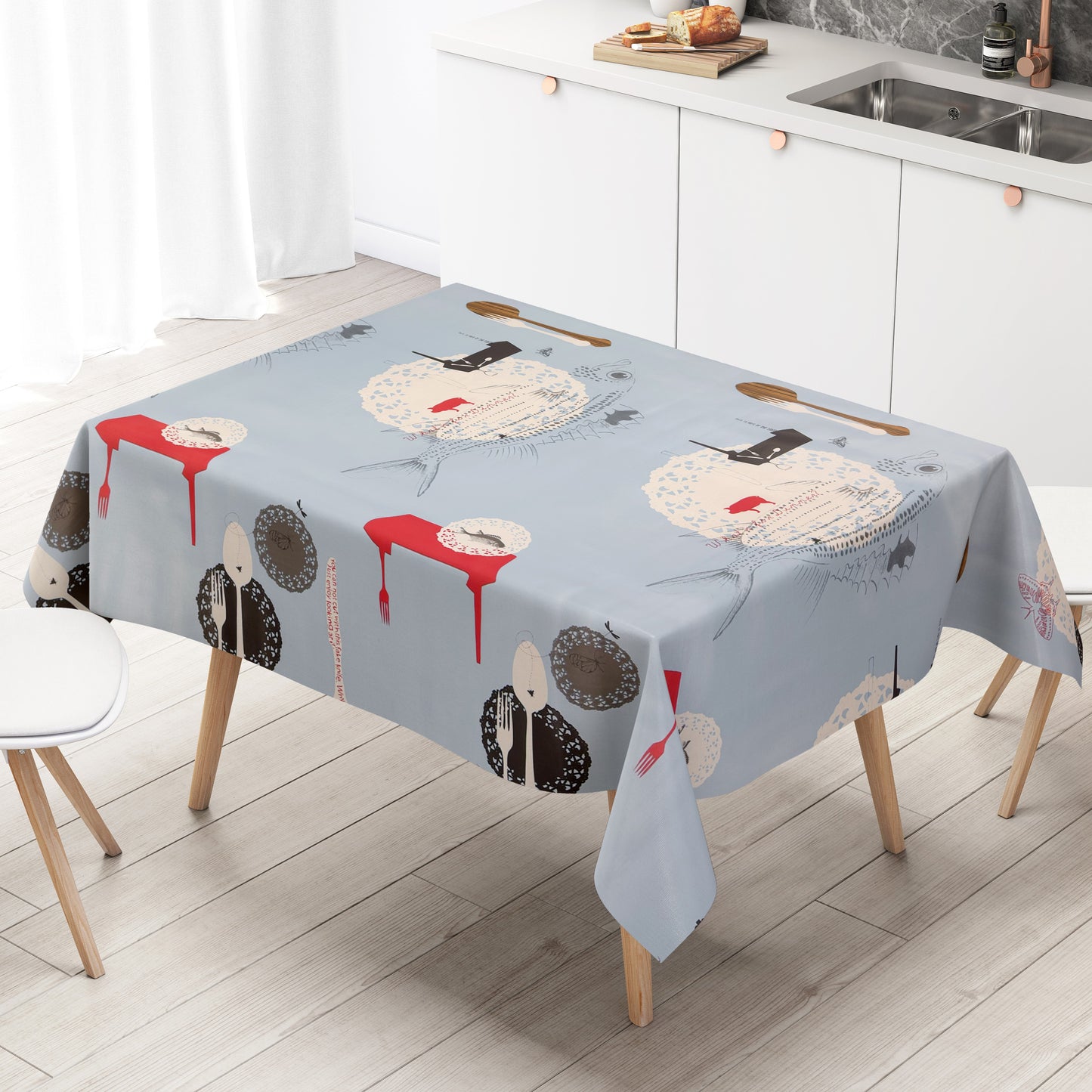 Wachstuch Tischdecke maritim Fische hellblau Küchenmotiv