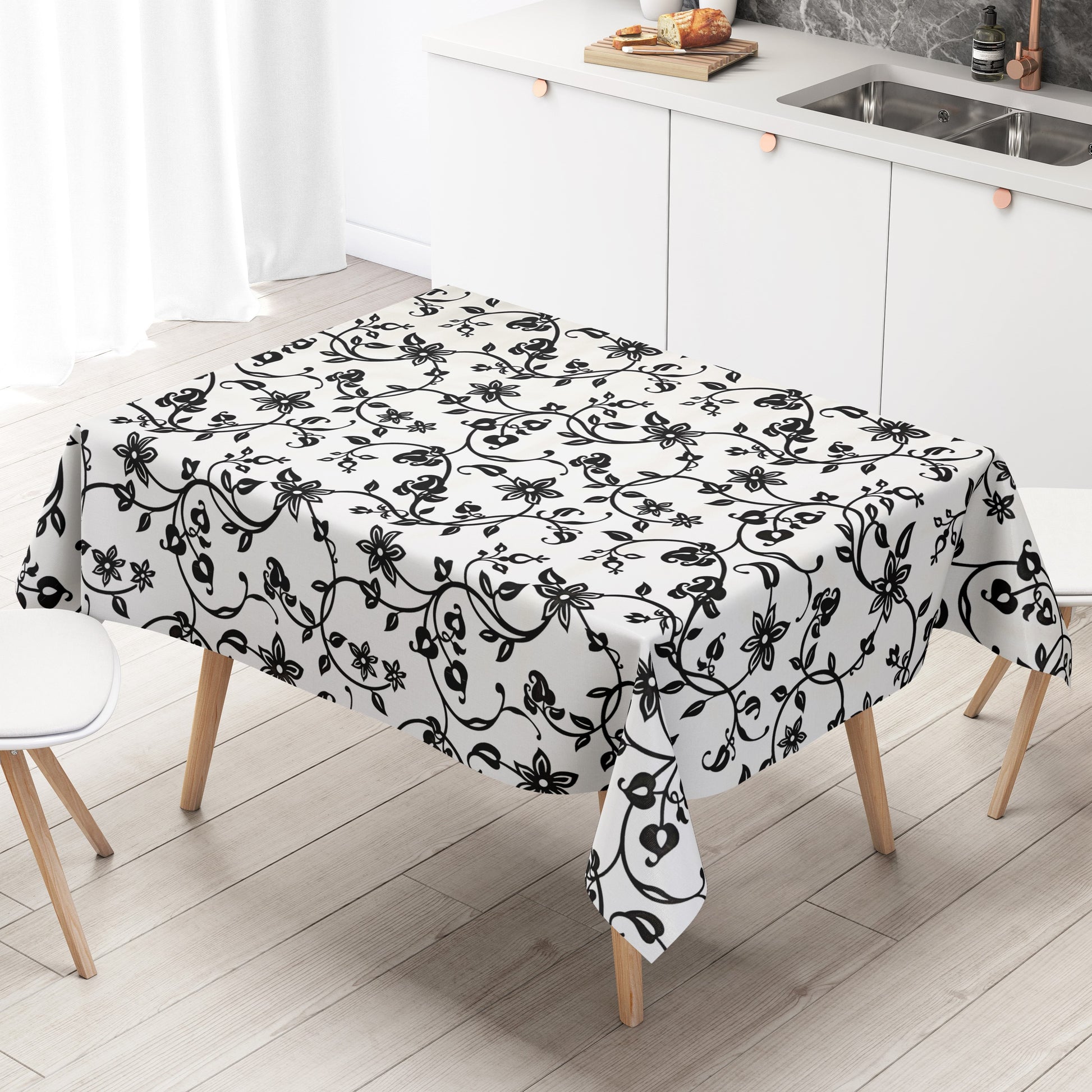 Wachstuch Tischdecke schwarz weiss Blumen Elegant
