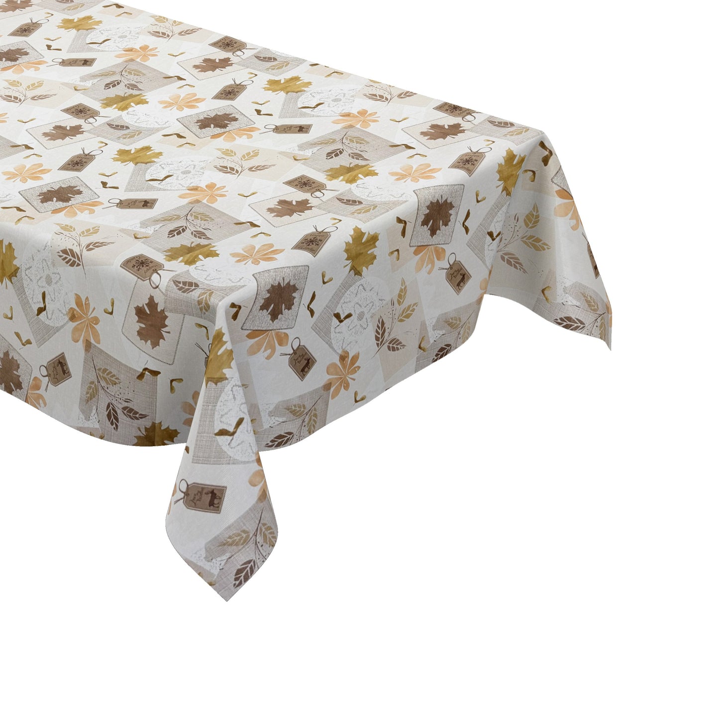 Wachstuch-Tischdecke „Herbst küsst Winter“ mit cremefarbenem Hintergrund und Patchwork-Design aus Ahornblättern, Blüten, Blätterranken, Spitzenmustern und dekorativen Anhängern in Beige, Braun, Gold und Apricot.