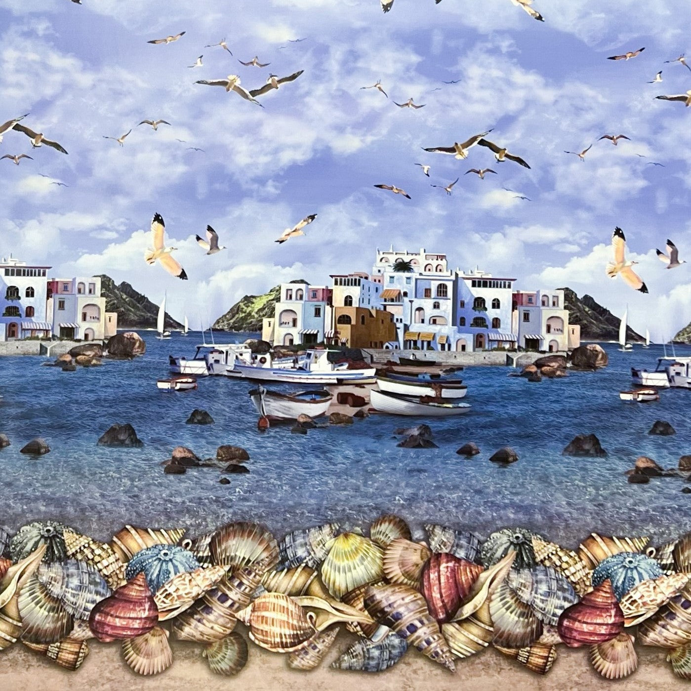 Nappe en toile cirée motif bordure K13A village de pêcheurs maritime plage coquillages carré rond ovale