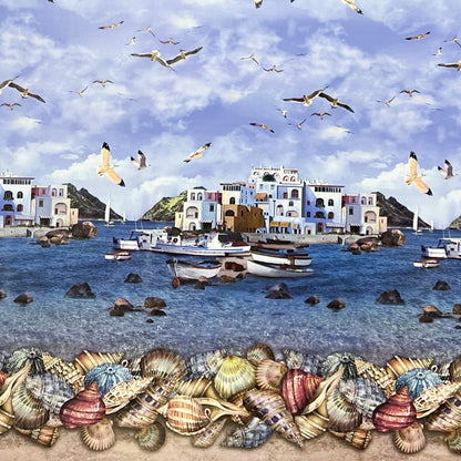 Nappe en toile cirée motif bordure K13A village de pêcheurs maritime plage coquillages carré rond ovale