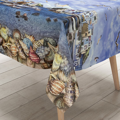 Nappe en toile cirée motif bordure K13A village de pêcheurs maritime plage coquillages carré rond ovale