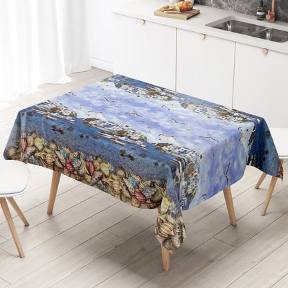 Nappe en toile cirée motif bordure K13A village de pêcheurs maritime plage coquillages carré rond ovale
