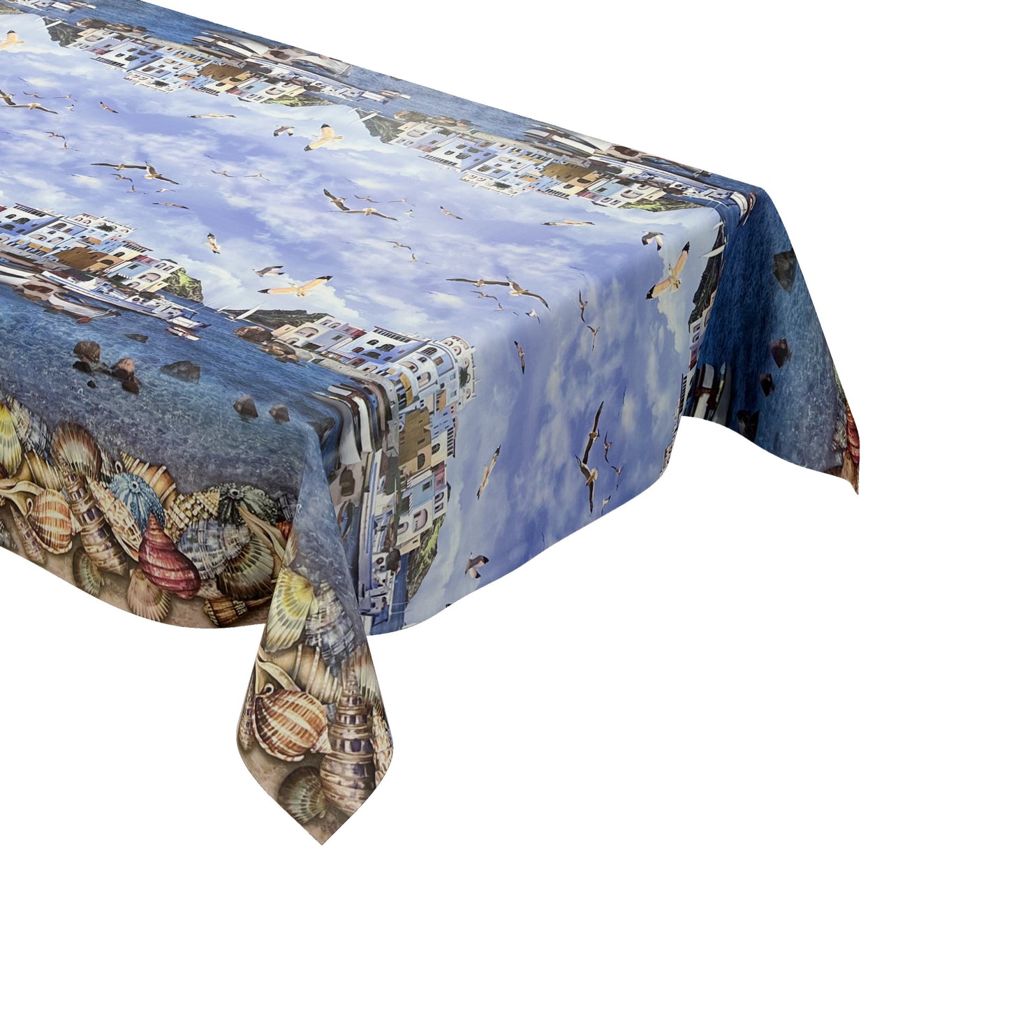 Nappe en toile cirée motif bordure K13A village de pêcheurs maritime plage coquillages carré rond ovale
