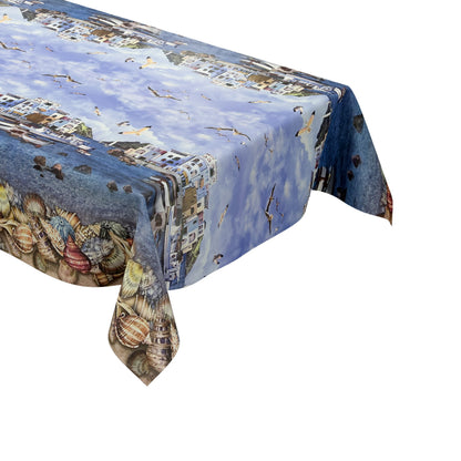 Nappe en toile cirée motif bordure K13A village de pêcheurs maritime plage coquillages carré rond ovale
