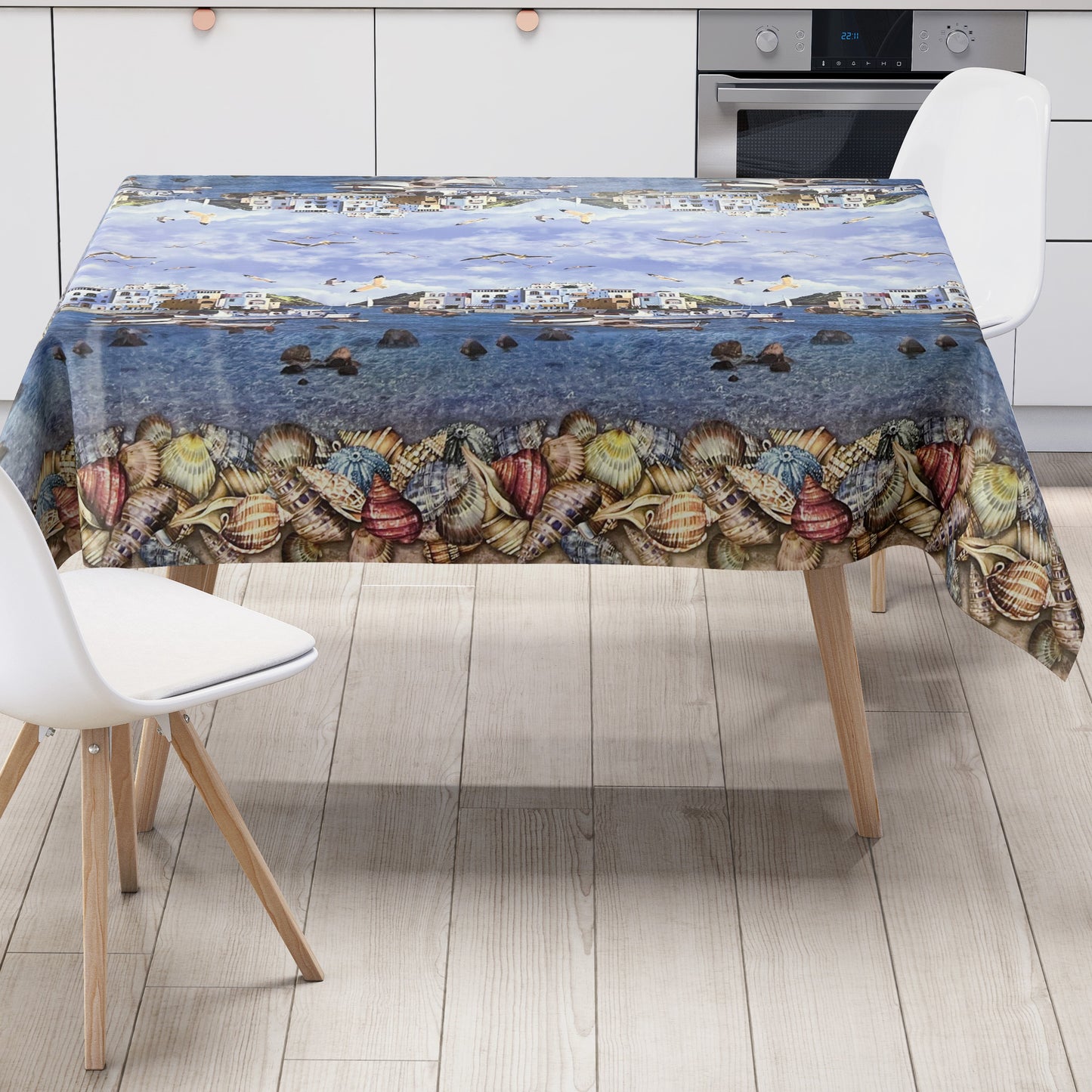Nappe en toile cirée motif bordure K13A village de pêcheurs maritime plage coquillages carré rond ovale