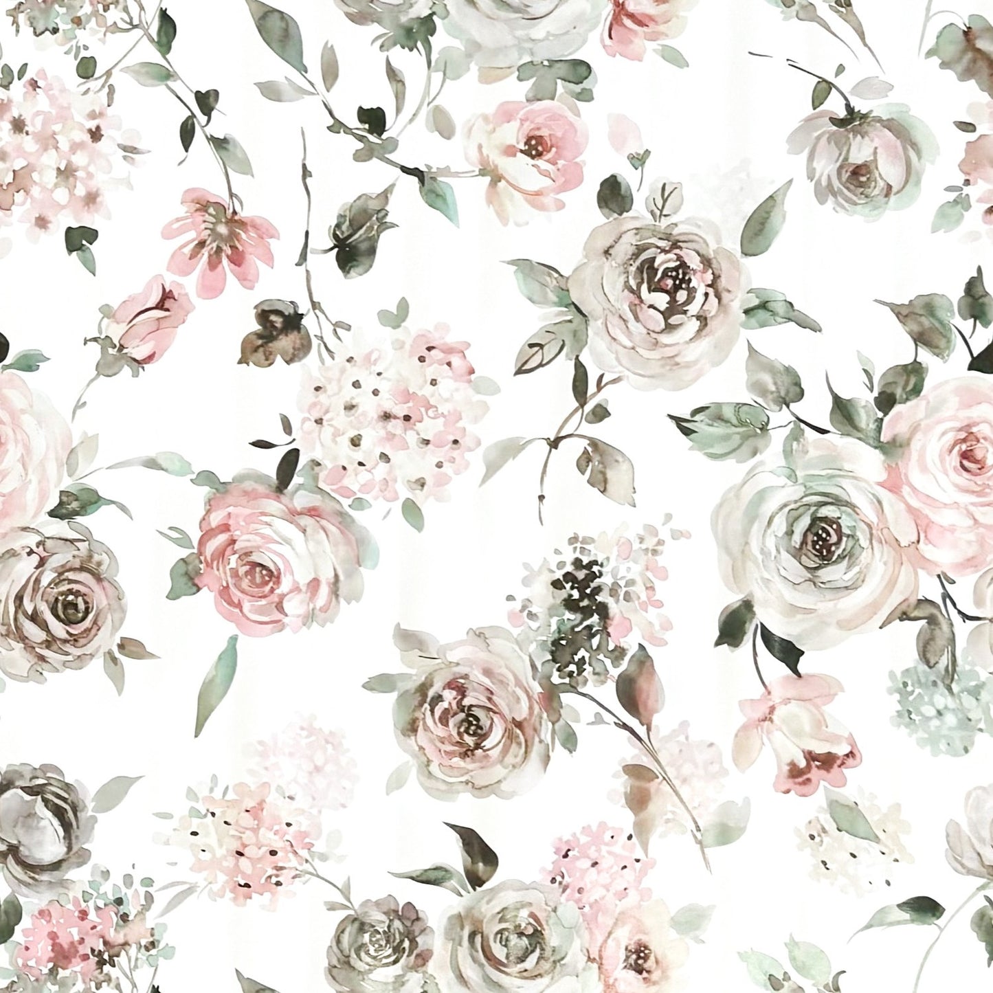 Wachstuch-Tischdecke mit romantischem Vintage-Blumenmuster auf hellem Hintergrund. Zarte Rosen, Hortensien und kleine Blüten in Rosa, Creme, Taupe und Grün sind im Aquarellstil dargestellt und von feinen Blättern ergänzt.