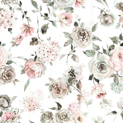 Wachstuch-Tischdecke mit romantischem Vintage-Blumenmuster auf hellem Hintergrund. Zarte Rosen, Hortensien und kleine Blüten in Rosa, Creme, Taupe und Grün sind im Aquarellstil dargestellt und von feinen Blättern ergänzt.