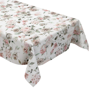 Wachstuch-Tischdecke mit romantischem Vintage-Blumenmuster auf hellem Hintergrund. Zarte Rosen, Hortensien und kleine Blüten in Rosa, Creme, Taupe und Grün sind im Aquarellstil dargestellt und von feinen Blättern ergänzt.