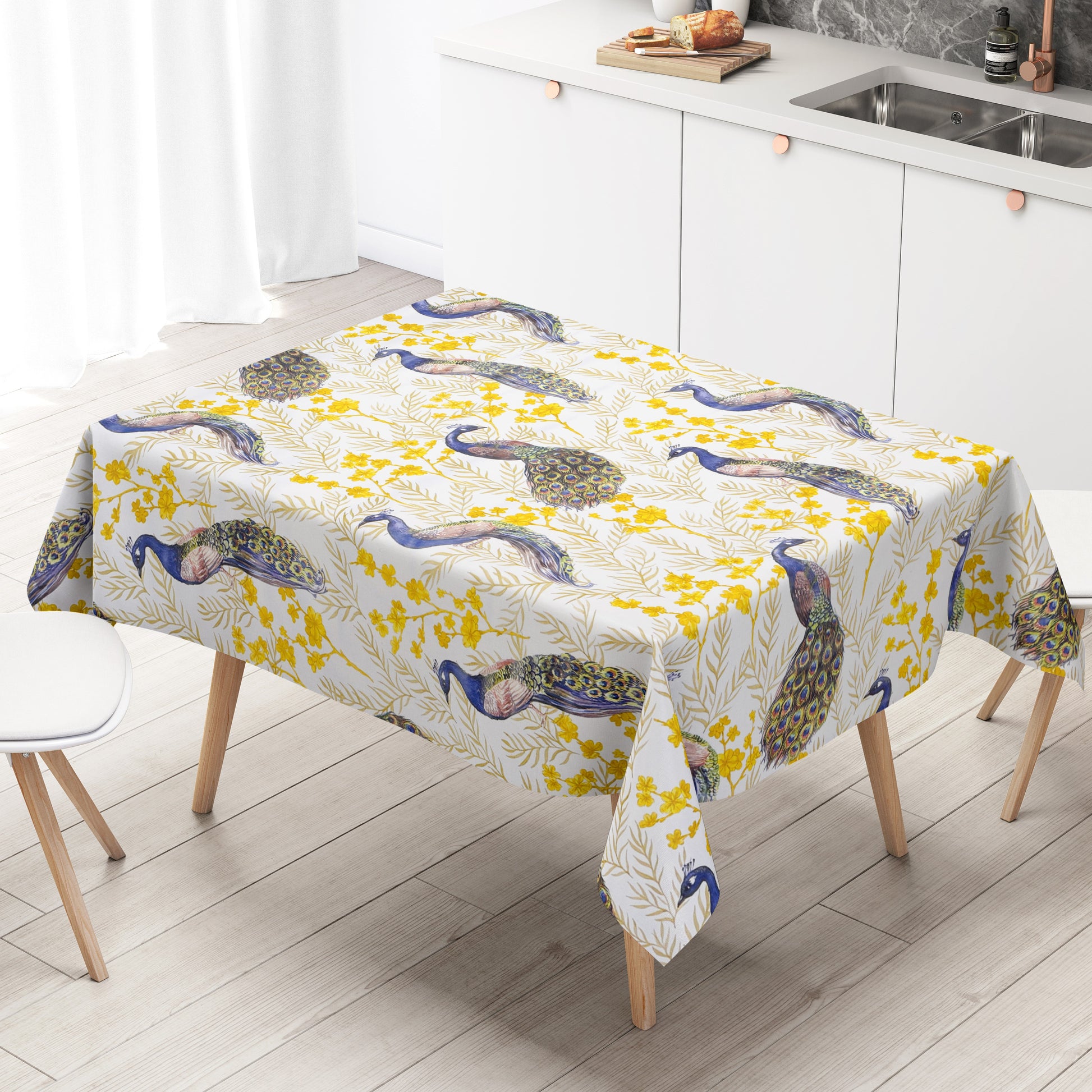 Wachstuch Tischdecke Pfau Blumen Blüten