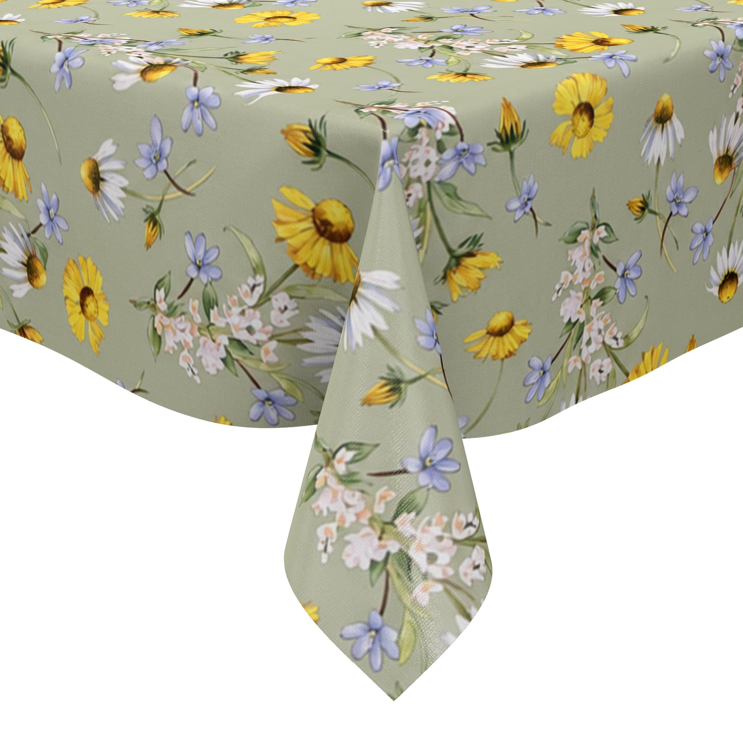 Wachstuch-Tischdecke mit Wiesenblumenmuster auf salbeigrünem Hintergrund. Gelbe Blüten, weiße Margeriten, kleine blaue Blumen und zarte weiße Blütenzweige sind gleichmäßig verteilt und sorgen für eine frische, natürliche Ausstrahlung.