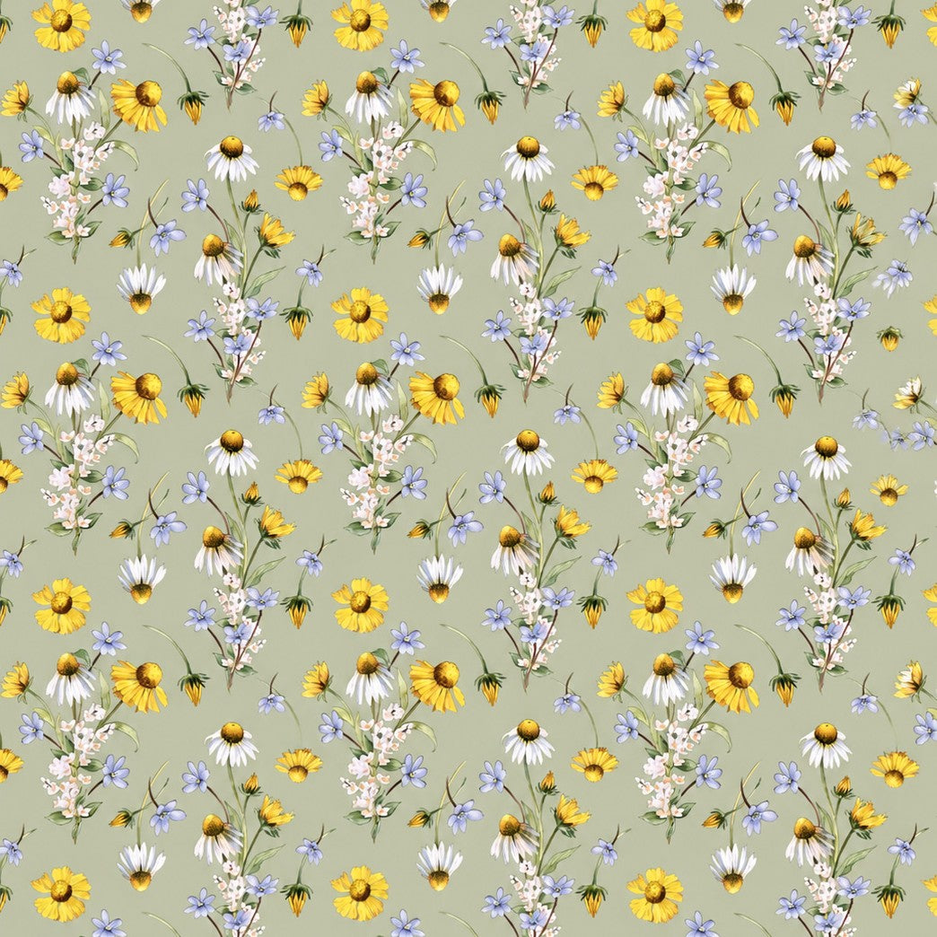 Wachstuch-Tischdecke mit Wiesenblumenmuster auf salbeigrünem Hintergrund. Gelbe Blüten, weiße Margeriten, kleine blaue Blumen und zarte weiße Blütenzweige sind gleichmäßig verteilt und sorgen für eine frische, natürliche Ausstrahlung.
