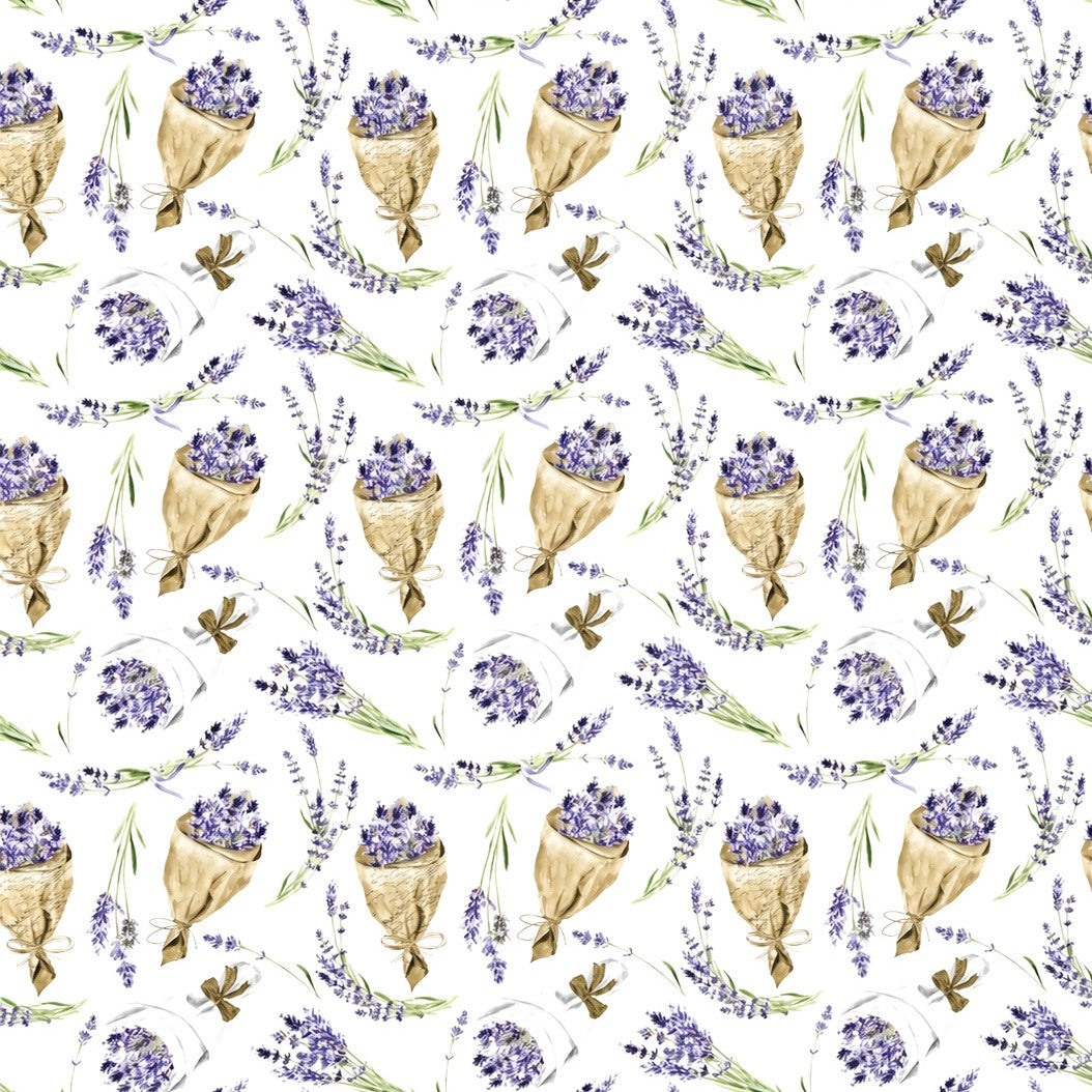 Wachstuch-Tischdecke mit Lavendelmuster auf hellem Hintergrund. Violette Lavendelzweige, kleine Sträuße und in Papier gewickelte Lavendelbouquets sind gleichmäßig verteilt und werden durch grüne Stiele sowie braune Details ergänzt.