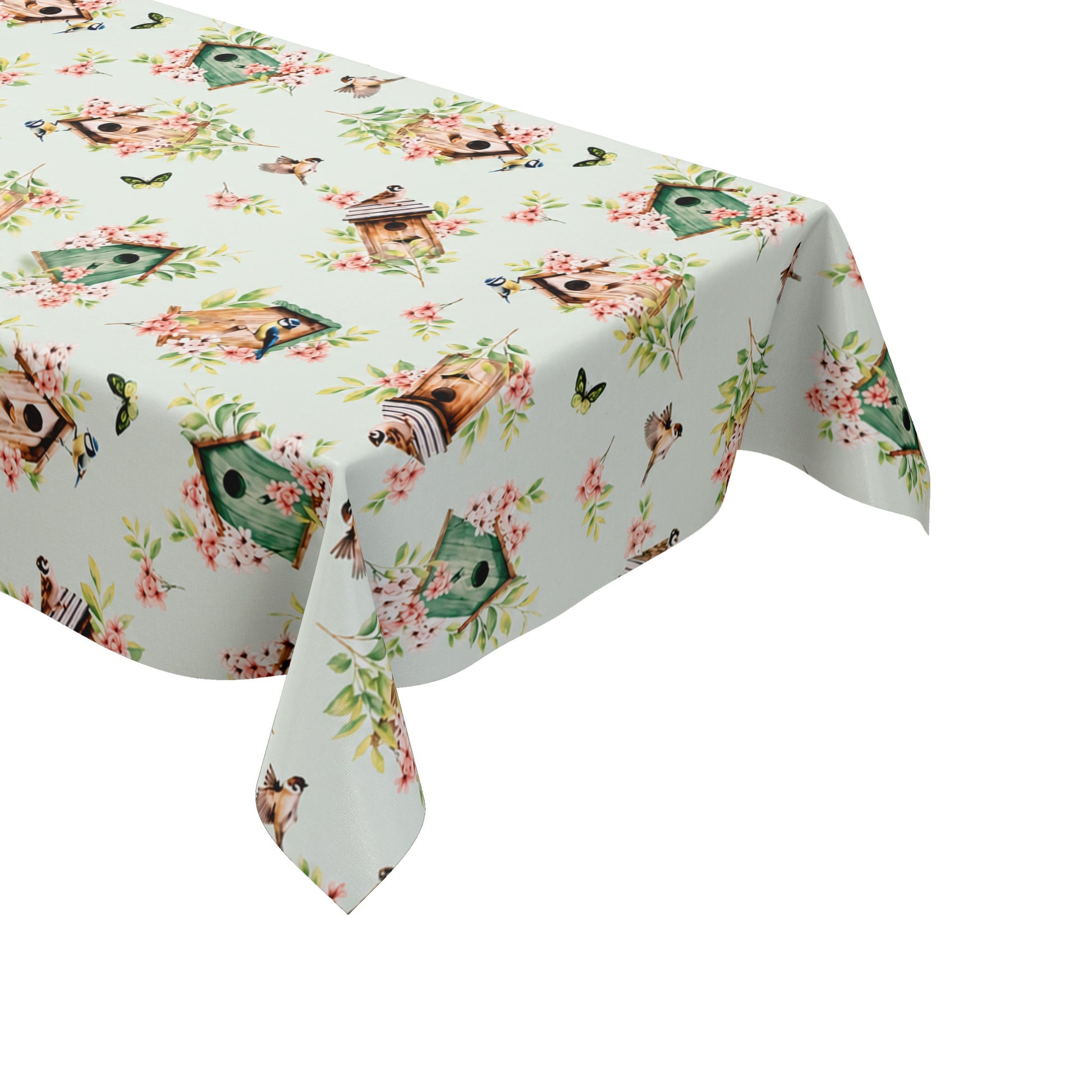 Wachstuch-Tischdecke mit Vogelhäuschen, kleinen Vögeln, Schmetterlingen und rosa Blüten auf hellem mintfarbenem Hintergrund. Grüne Blätter und natürliche Holztöne verleihen dem verspielten Frühlingsdesign eine frische, freundliche Ausstrahlung.