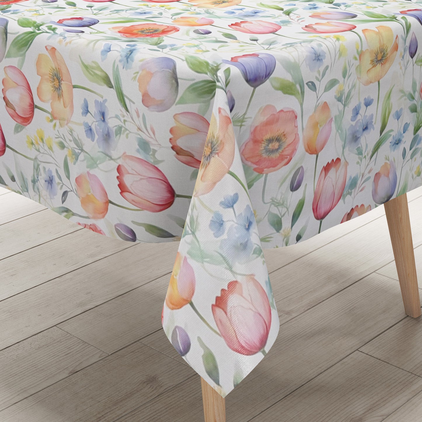 Wachstuch-Tischdecke mit zartem Aquarell-Blumenmuster auf hellem Hintergrund. Tulpen, Mohnblumen und kleine Blüten in Rosa, Orange, Gelb, Blau und Violett werden von grünen Blättern und feinen Zweigen ergänzt.