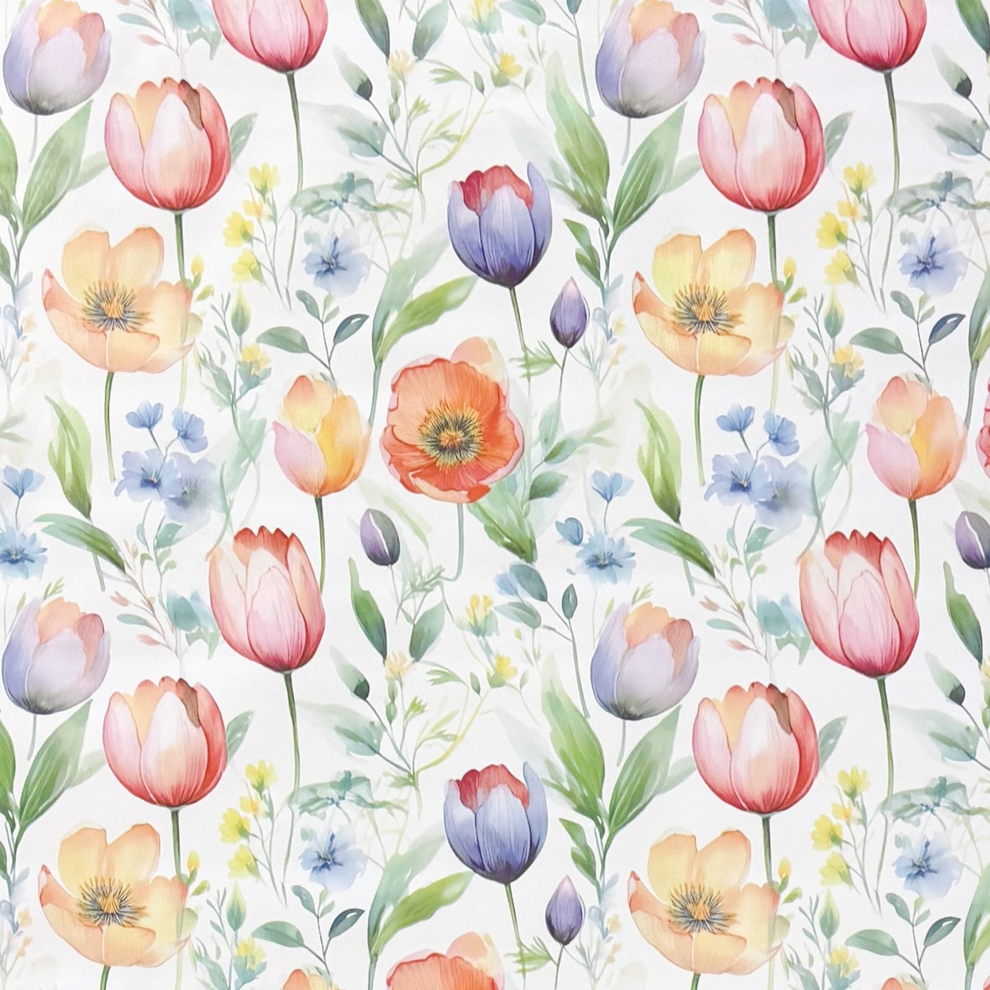 Wachstuch-Tischdecke mit zartem Aquarell-Blumenmuster auf hellem Hintergrund. Tulpen, Mohnblumen und kleine Blüten in Rosa, Orange, Gelb, Blau und Violett werden von grünen Blättern und feinen Zweigen ergänzt.