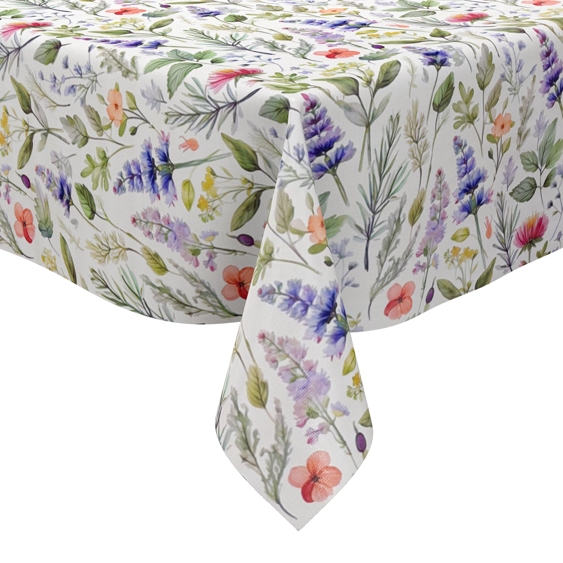 Wachstuch-Tischdecke mit filigranem Wildblumenmuster auf hellem Hintergrund. Zarte Blüten in Rosa, Lila, Blau, Gelb und Koralle werden von feinen grünen Blättern und Gräsern im Aquarellstil ergänzt.