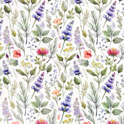 Wachstuch-Tischdecke mit filigranem Wildblumenmuster auf hellem Hintergrund. Zarte Blüten in Rosa, Lila, Blau, Gelb und Koralle werden von feinen grünen Blättern und Gräsern im Aquarellstil ergänzt.