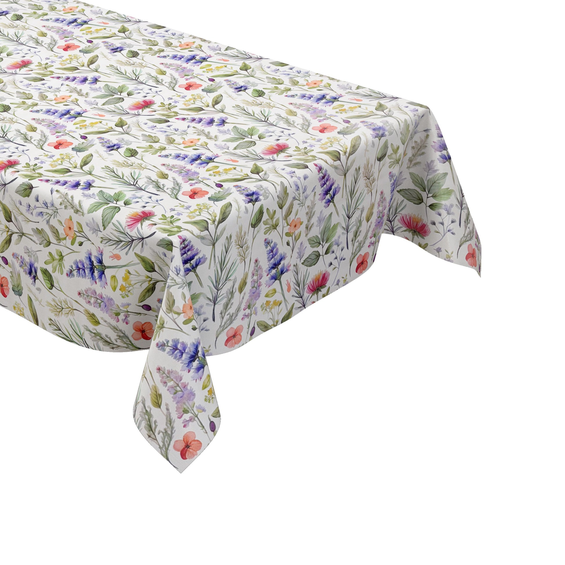 Wachstuch-Tischdecke mit filigranem Wildblumenmuster auf hellem Hintergrund. Zarte Blüten in Rosa, Lila, Blau, Gelb und Koralle werden von feinen grünen Blättern und Gräsern im Aquarellstil ergänzt.