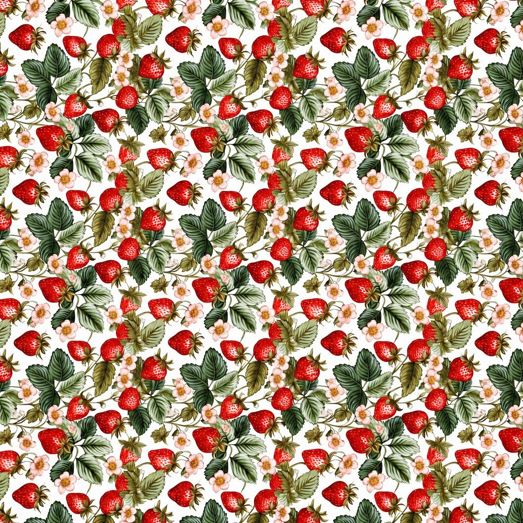Wachstuch-Tischdecke mit dichtem Erdbeermuster auf hellem Hintergrund. Leuchtend rote Erdbeeren, grüne Blätter und zarte rosa-weiße Blüten sorgen für ein frisches, sommerliches und verspieltes Design.