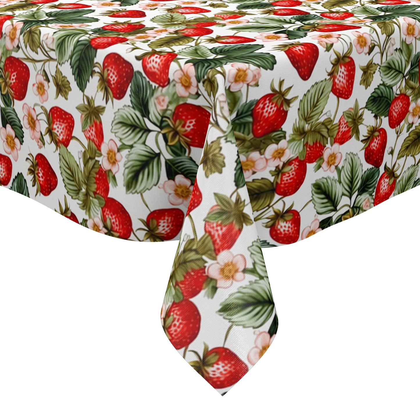 Wachstuch-Tischdecke mit dichtem Erdbeermuster auf hellem Hintergrund. Leuchtend rote Erdbeeren, grüne Blätter und zarte rosa-weiße Blüten sorgen für ein frisches, sommerliches und verspieltes Design.