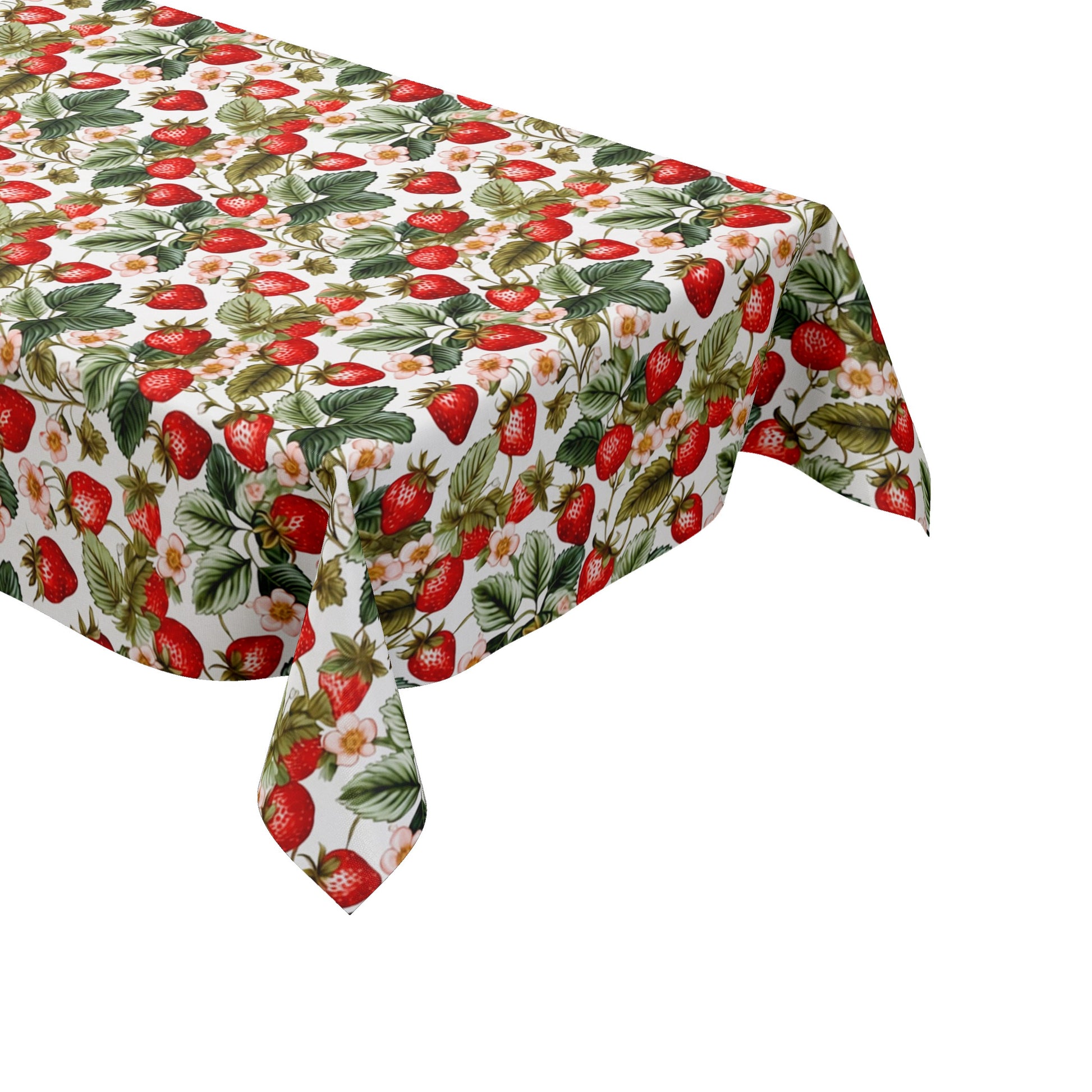 Wachstuch-Tischdecke mit dichtem Erdbeermuster auf hellem Hintergrund. Leuchtend rote Erdbeeren, grüne Blätter und zarte rosa-weiße Blüten sorgen für ein frisches, sommerliches und verspieltes Design.