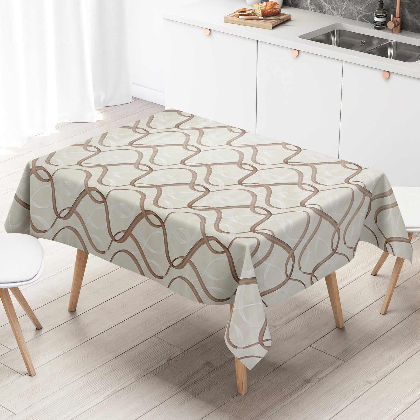 Wachstuch Tischdecke beige braun Wellen Linien
