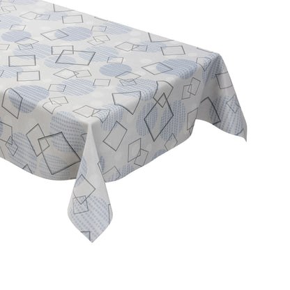 Wachstuch-Tischdecke mit modernem geometrischem Muster in Grau und Hellblau. Transparente Quadrate und Rechtecke überlagern sich auf hellem Hintergrund, ergänzt durch Kreise und feine Punktstrukturen. Das zeitgemäße Design wirkt dezent, elegant und harmonisch.