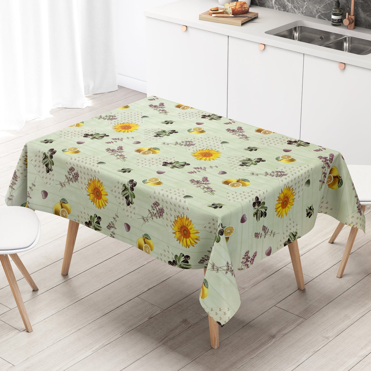 Wachstuch Tischdecke Sonnenblumen Lavendel mintgrün