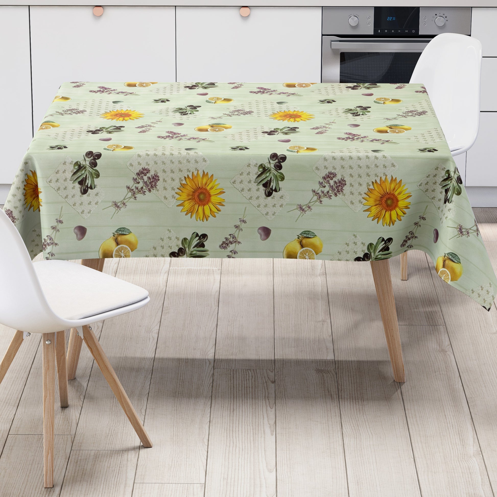 Wachstuch Tischdecke Sonnenblumen Lavendel mintgrün