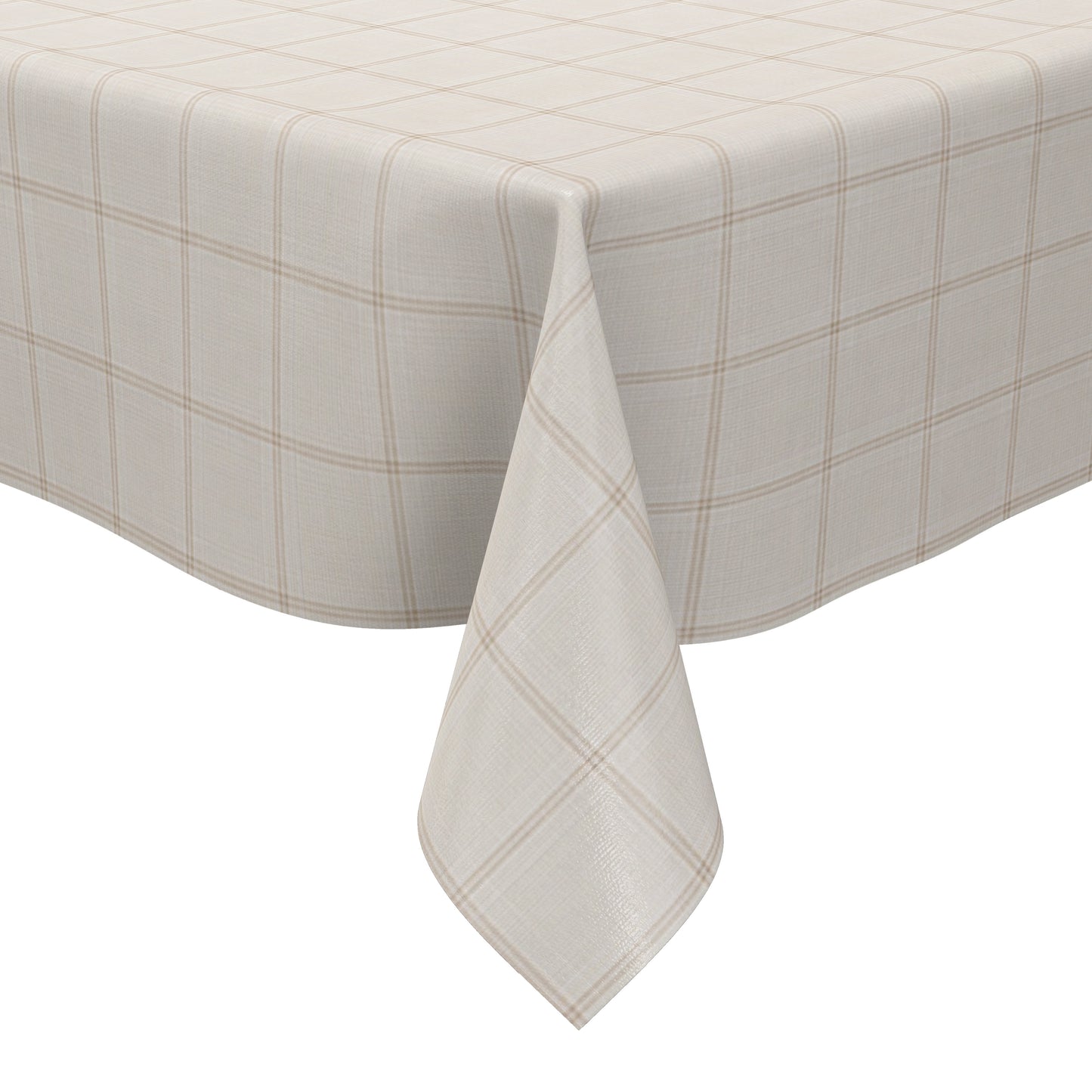 Rechteckige Wachstuch-Tischdecke in heller Leinenoptik mit feinem beigefarbenem Karomuster auf cremeweißem Hintergrund. Das dezente, gleichmäßige Rasterdesign verleiht der Tischdecke eine elegante und zeitlose Ausstrahlung.