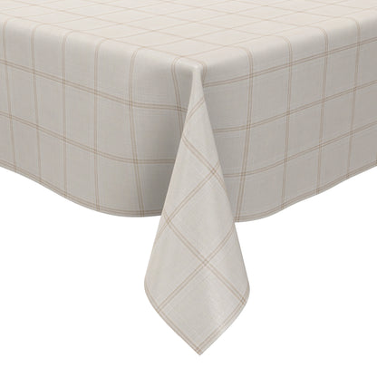 Rechteckige Wachstuch-Tischdecke in heller Leinenoptik mit feinem beigefarbenem Karomuster auf cremeweißem Hintergrund. Das dezente, gleichmäßige Rasterdesign verleiht der Tischdecke eine elegante und zeitlose Ausstrahlung.