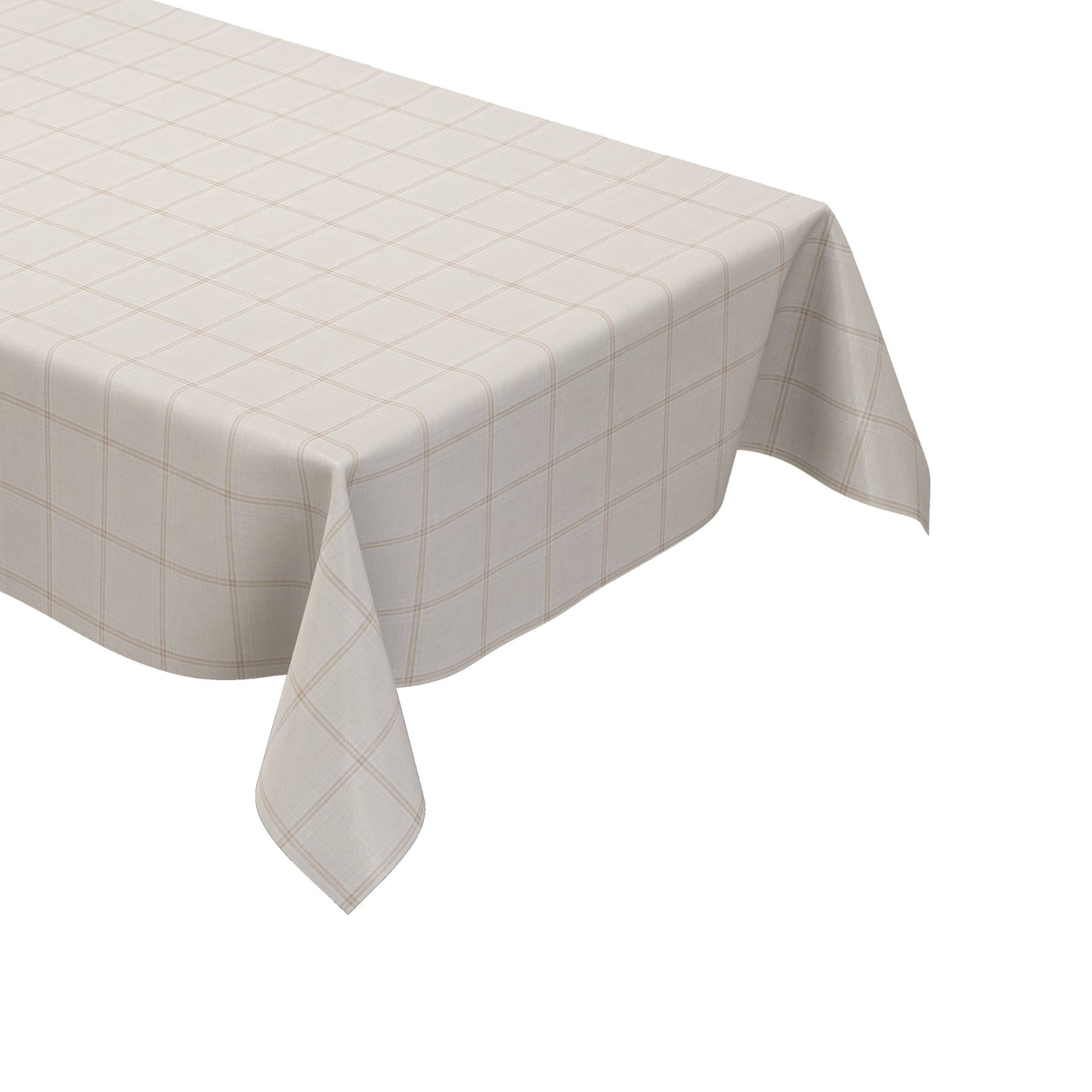 Rechteckige Wachstuch-Tischdecke in heller Leinenoptik mit feinem beigefarbenem Karomuster auf cremeweißem Hintergrund. Das dezente, gleichmäßige Rasterdesign verleiht der Tischdecke eine elegante und zeitlose Ausstrahlung.