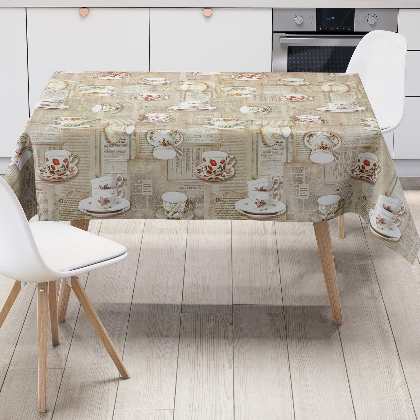 Wachstuch Tischdecke Sammeltassen Zeitungen