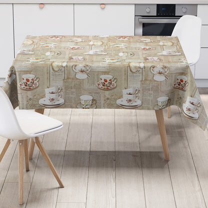 Wachstuch Tischdecke Sammeltassen Zeitungen