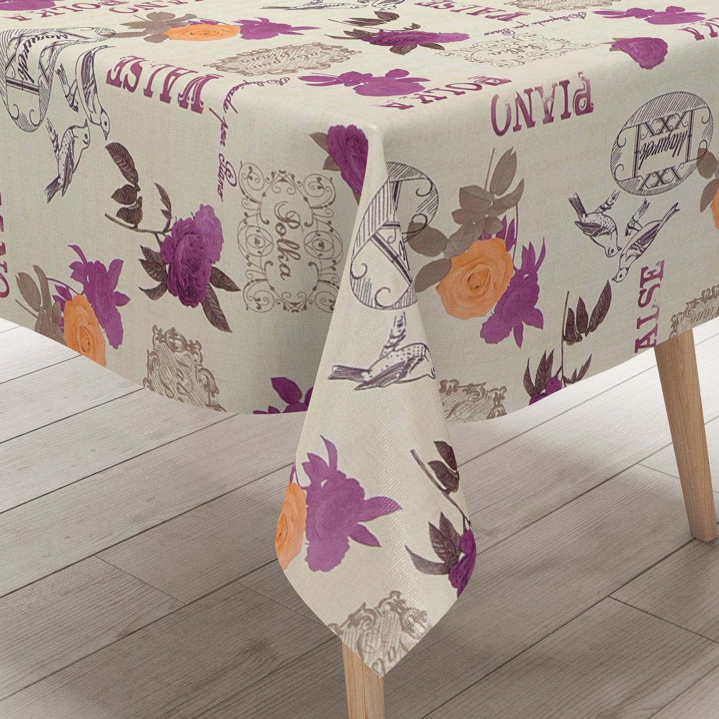 Wachstuch Tischdecke geprägt KE32810 PIANO POLKA Rosen und Vögel eckig rund oval