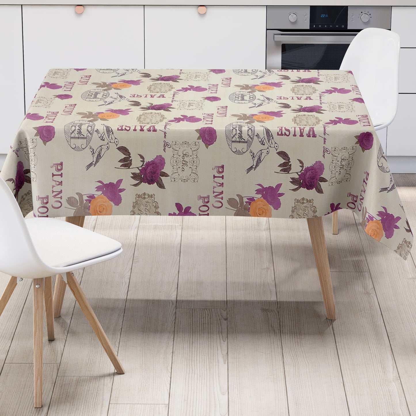 Wachstuch Tischdecke geprägt KE32810 PIANO POLKA Rosen und Vögel eckig rund oval