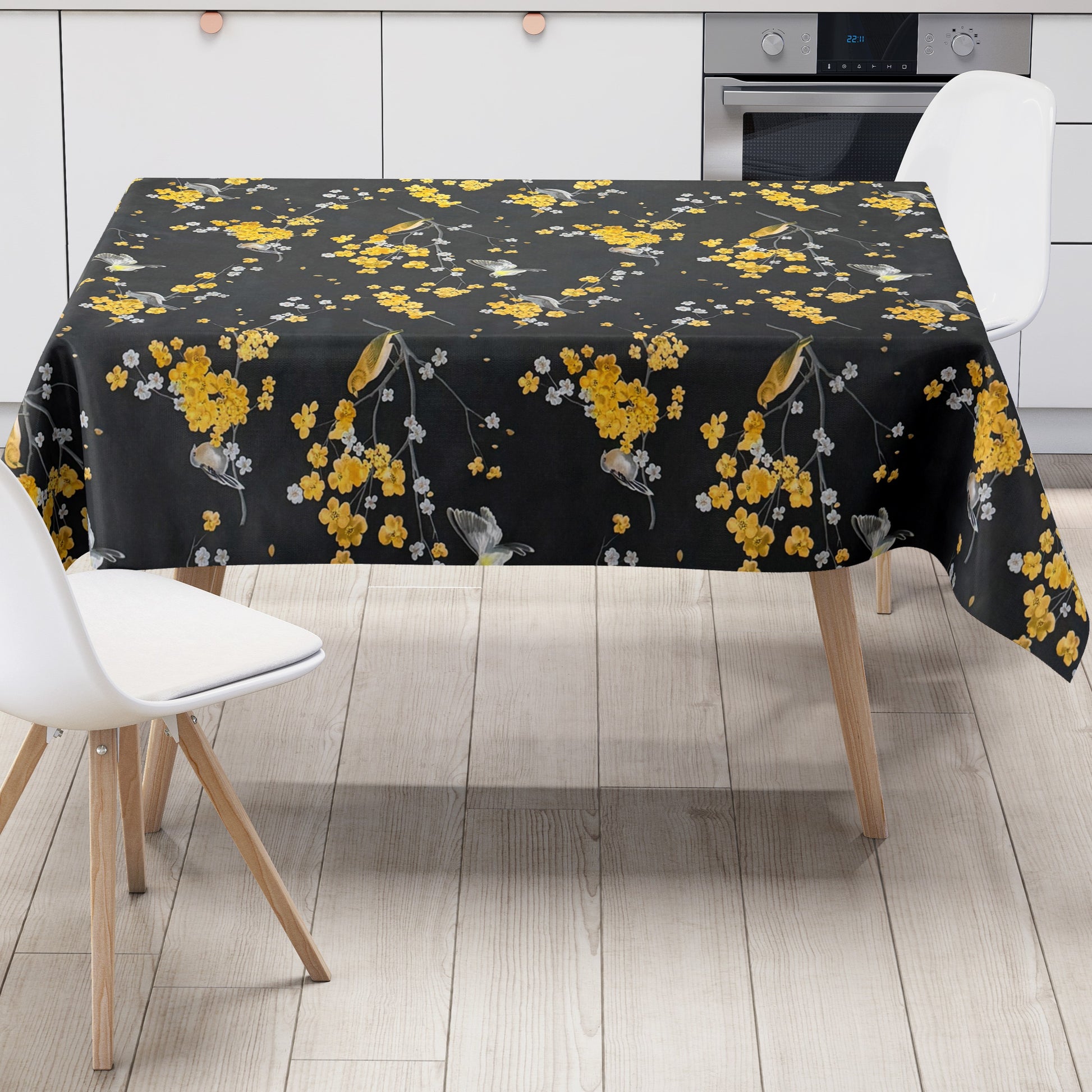 Wachstuch Tischdecke Kirschblüte schwarz