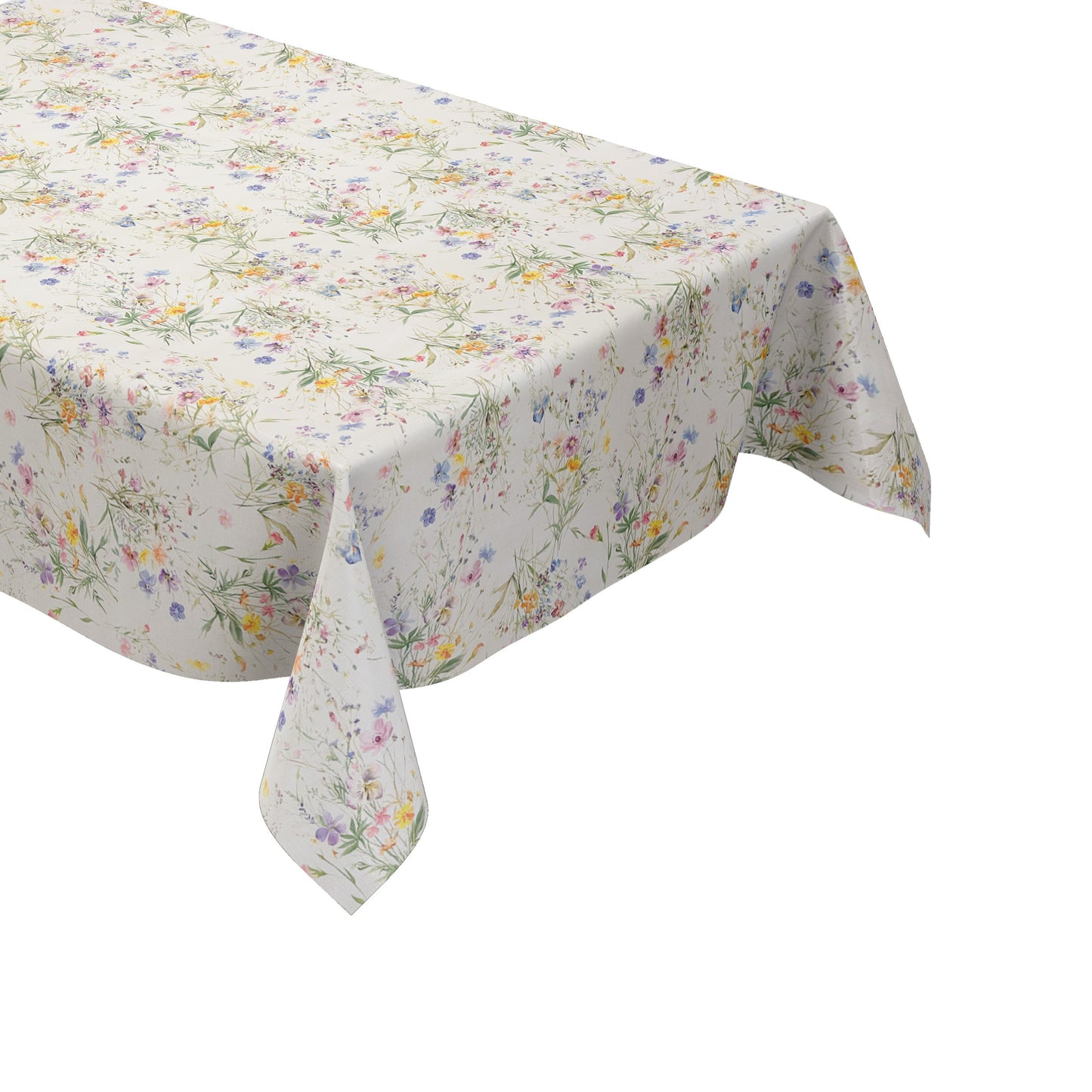 Helle Wachstuch-Tischdecke mit locker verstreutem Wildblumenmuster in zarten Pastellfarben. Aquarellartige Blüten in Rosa, Blau, Gelb und Violett mit feinen grünen Gräsern auf cremeweißem Hintergrund im romantischen Landhausstil.